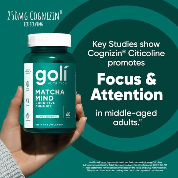 A static square ad featuring a product bottle held in hand against a deep teal circular graphic, emphasizing scientific studies on focus and attention.